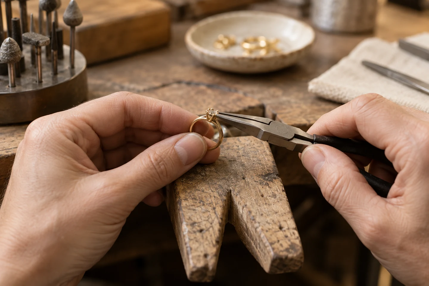 Jeweler working carefully on a repair